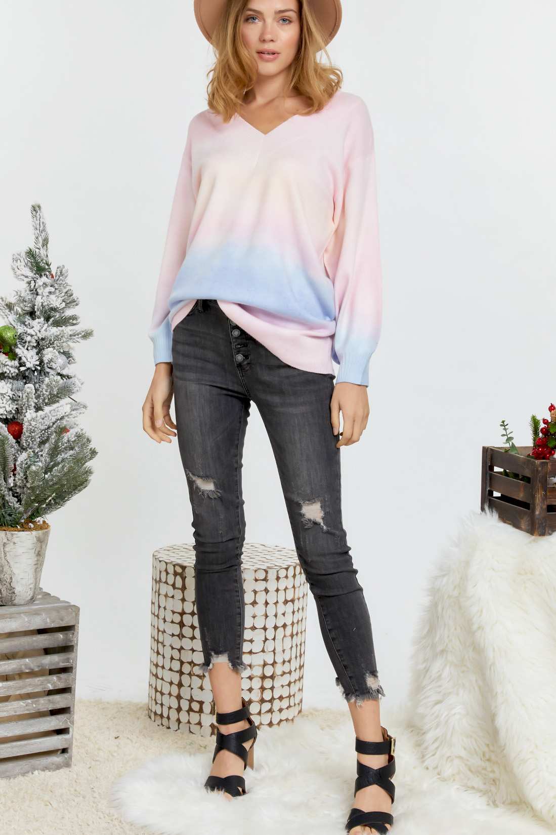 Multi Sherbet Tie Dye Color V Neck Sweater - LOLA LUXE