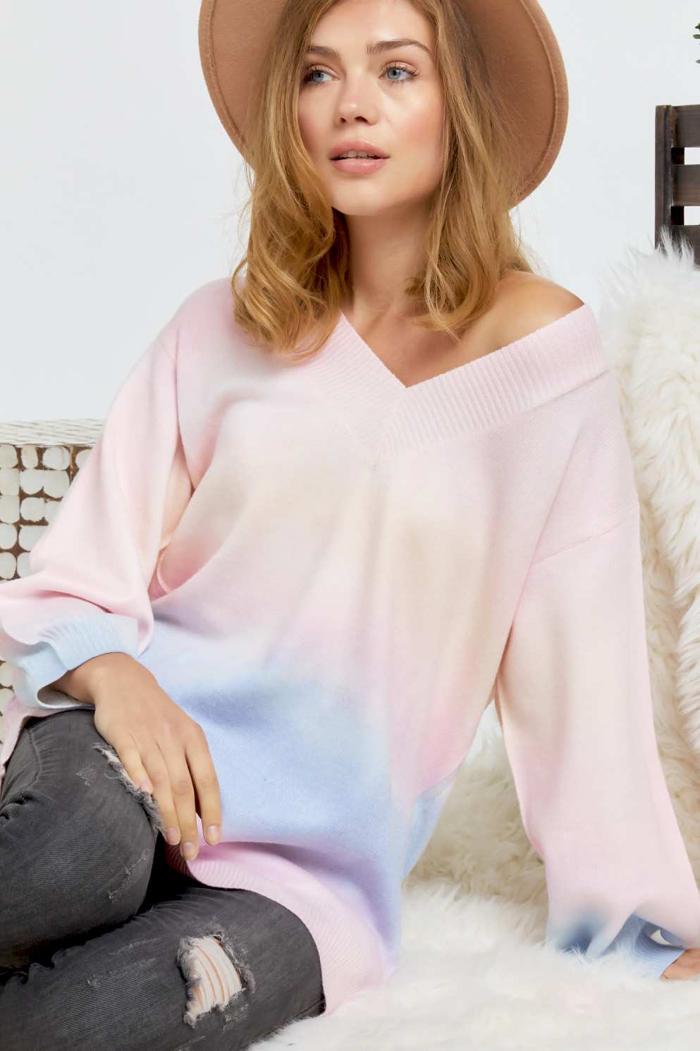 Multi Sherbet Tie Dye Color V Neck Sweater - LOLA LUXE