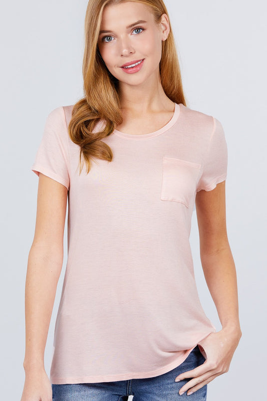 Short Sleeve Scoop Neck Top With Pocket - LOLA LUXE