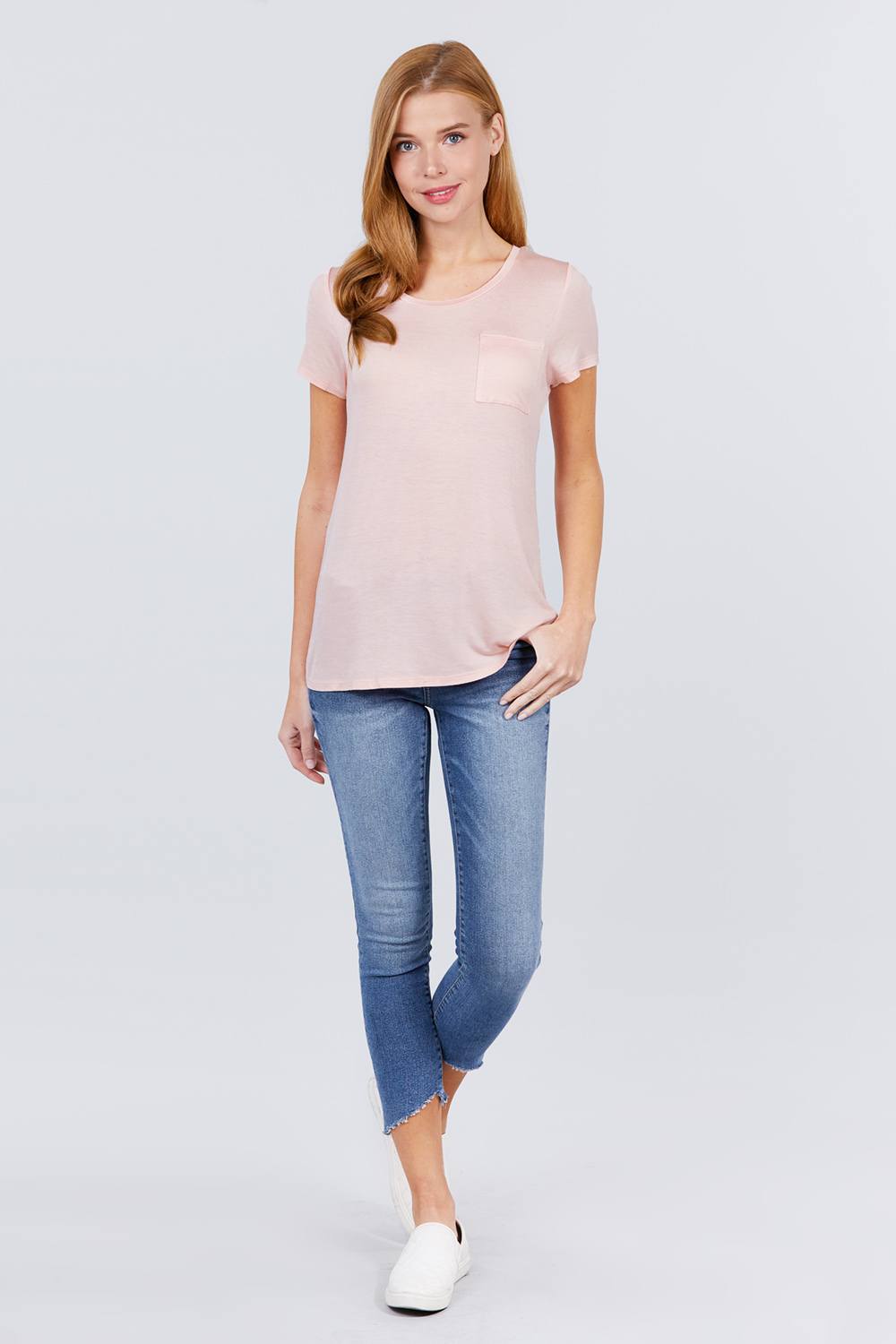 Short Sleeve Scoop Neck Top With Pocket - LOLA LUXE