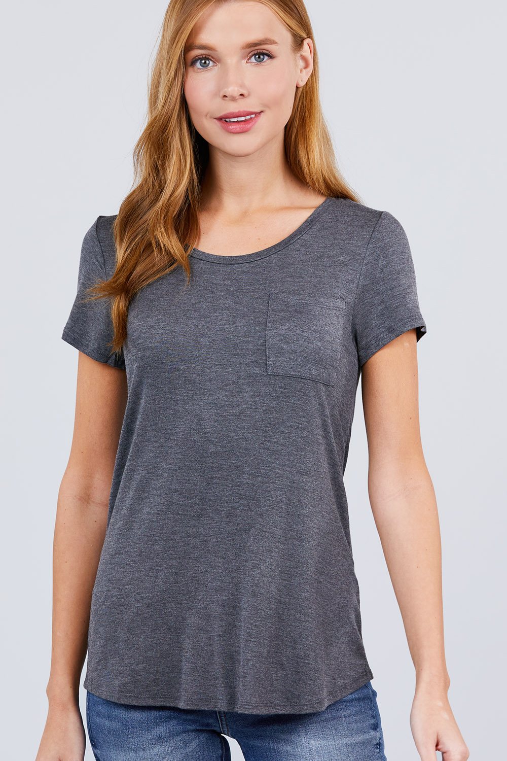 Short Sleeve Scoop Neck Top With Pocket - LOLA LUXE