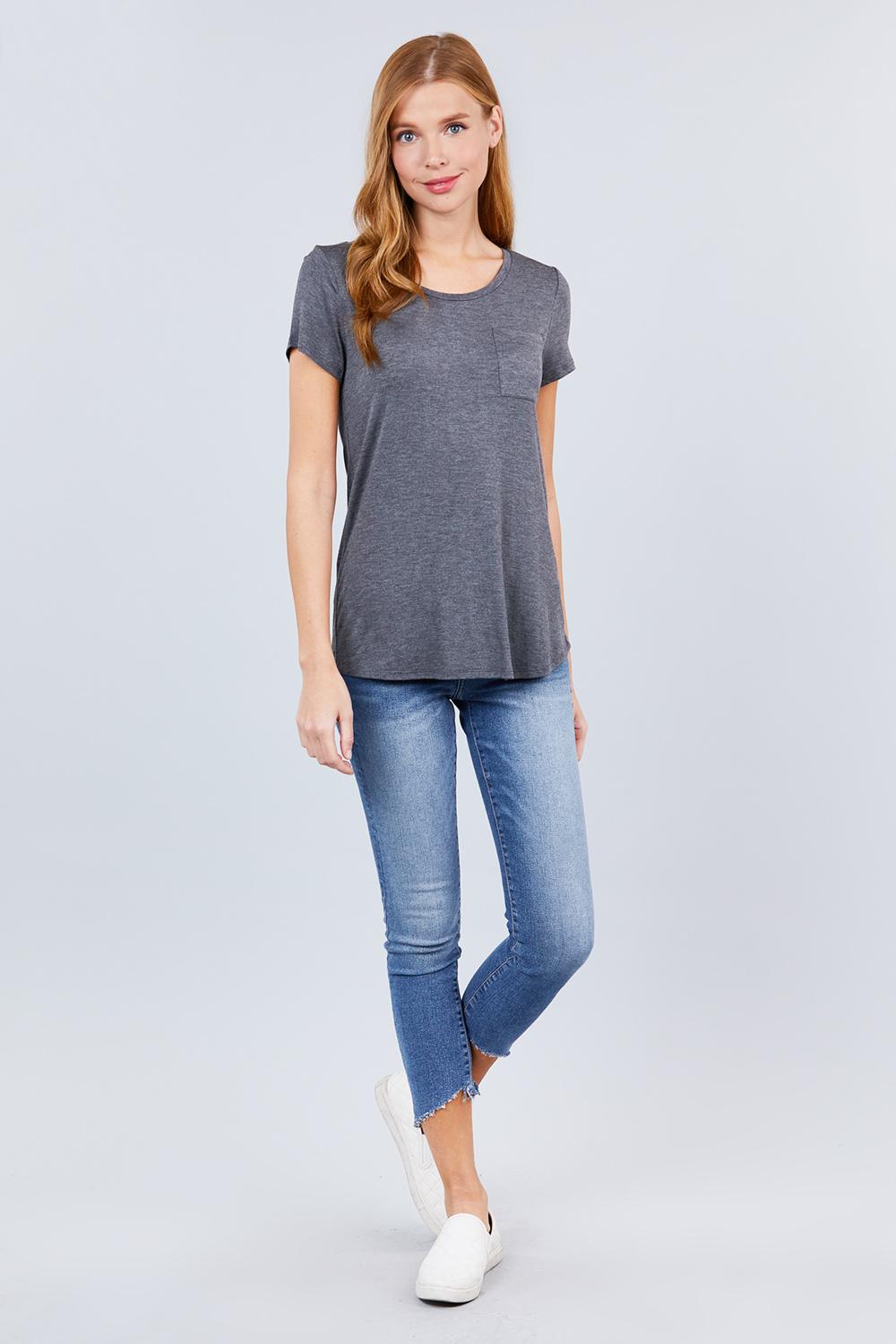 Short Sleeve Scoop Neck Top With Pocket - LOLA LUXE