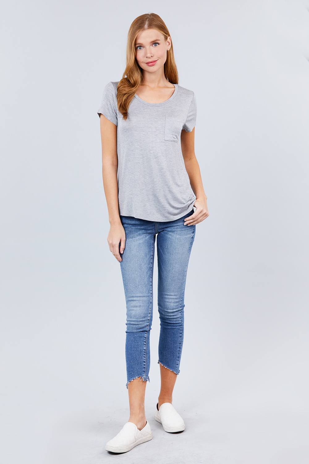 Short Sleeve Scoop Neck Top With Pocket - LOLA LUXE