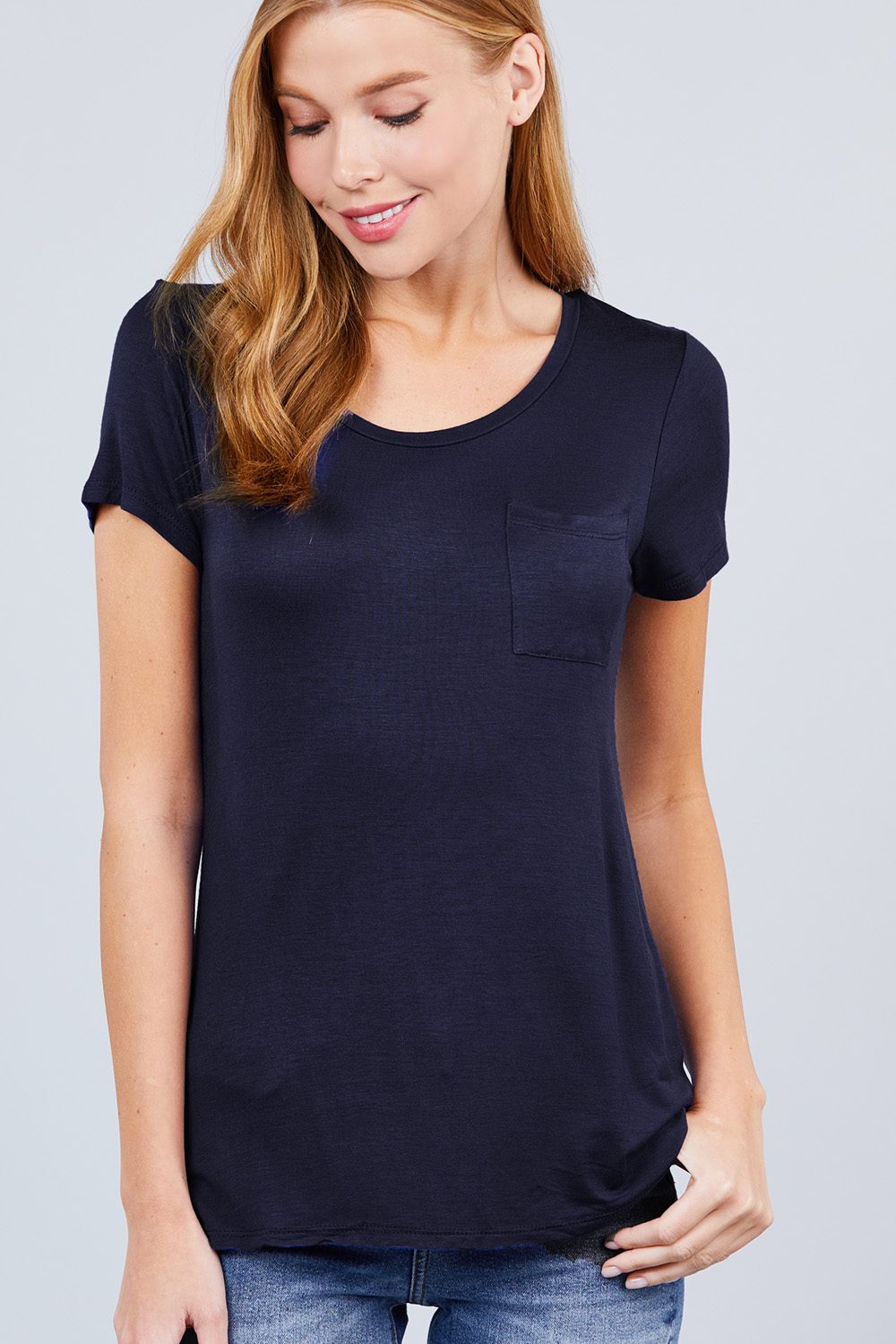 Short Sleeve Scoop Neck Top With Pocket - LOLA LUXE