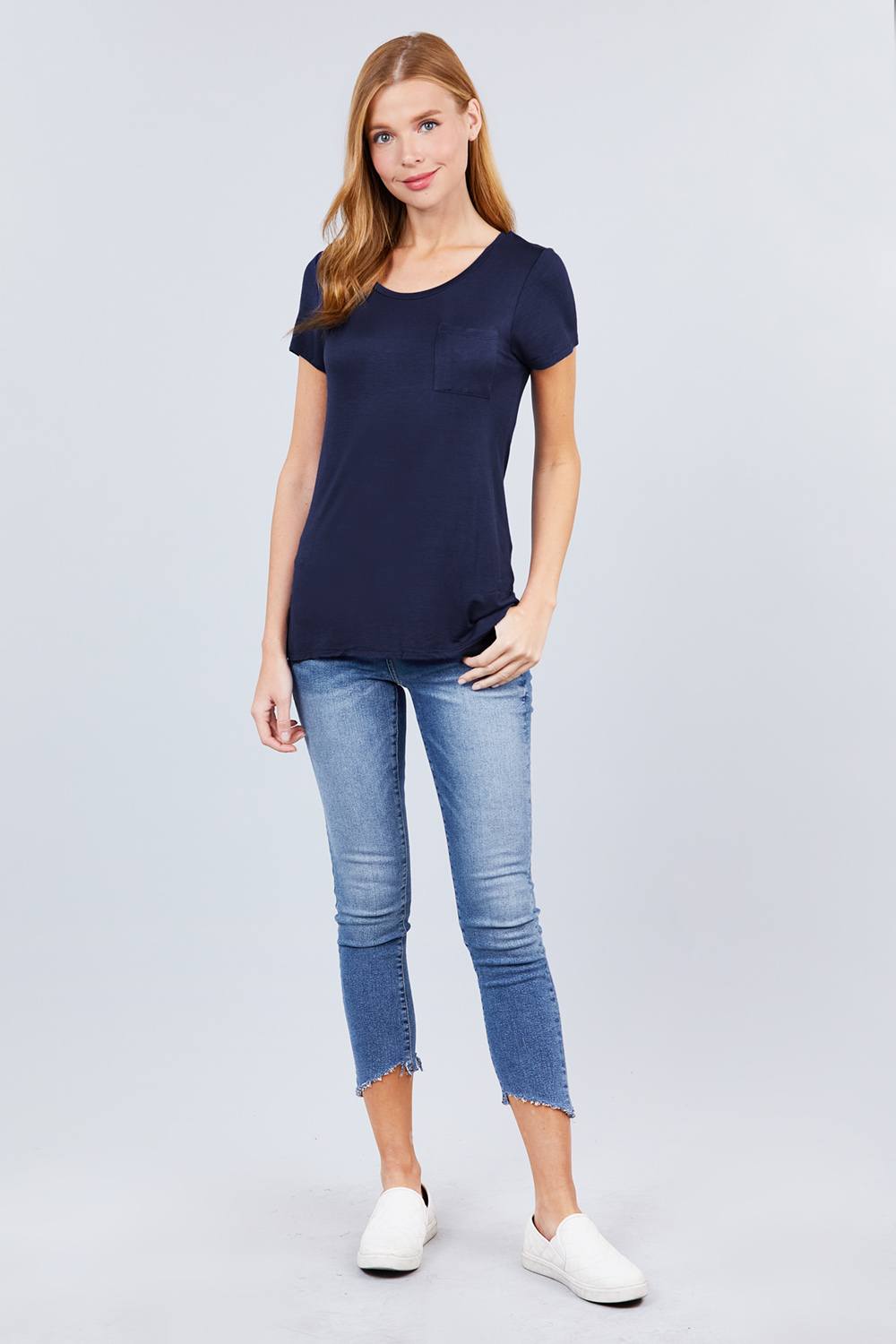 Short Sleeve Scoop Neck Top With Pocket - LOLA LUXE