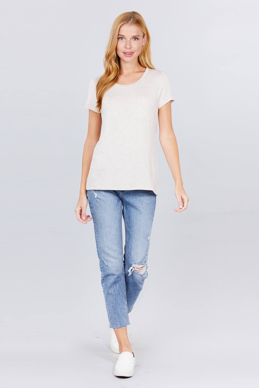 Short Sleeve Scoop Neck Top With Pocket - LOLA LUXE