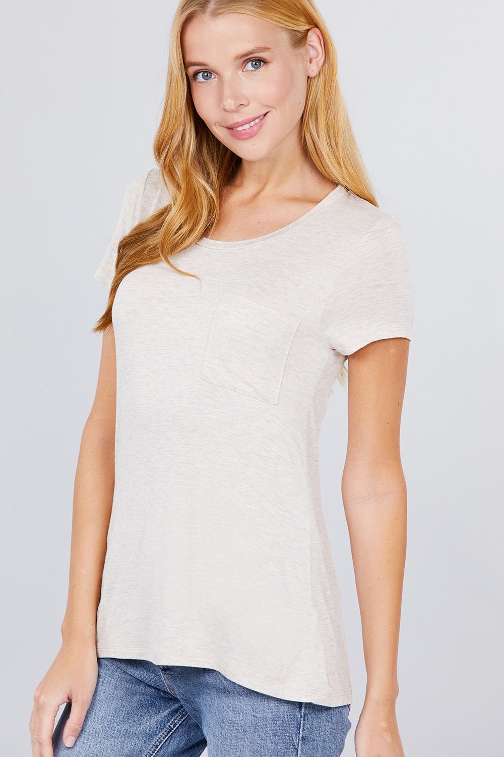 Short Sleeve Scoop Neck Top With Pocket - LOLA LUXE