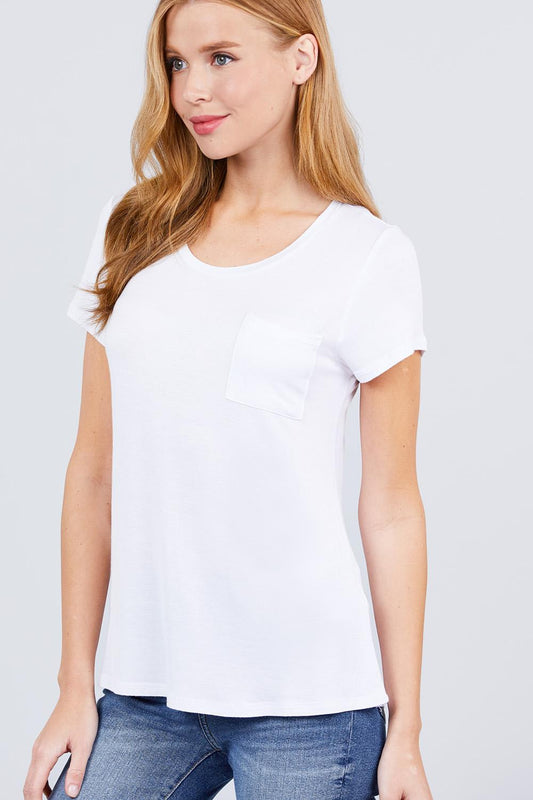 Short Sleeve Scoop Neck Top With Pocket - LOLA LUXE