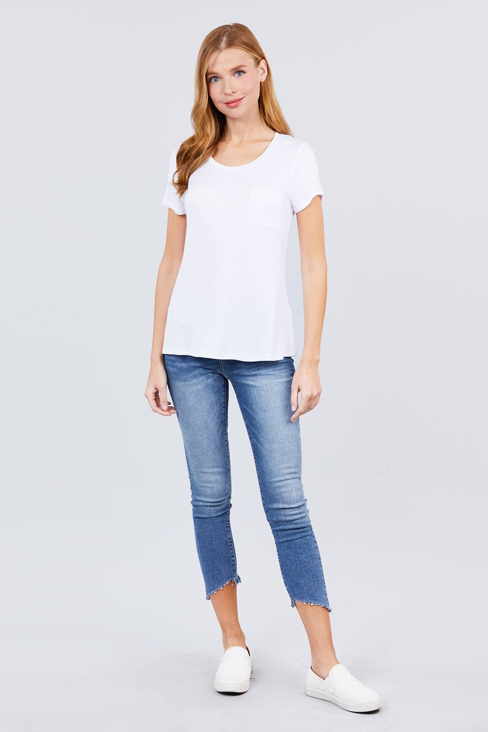 Short Sleeve Scoop Neck Top With Pocket - LOLA LUXE