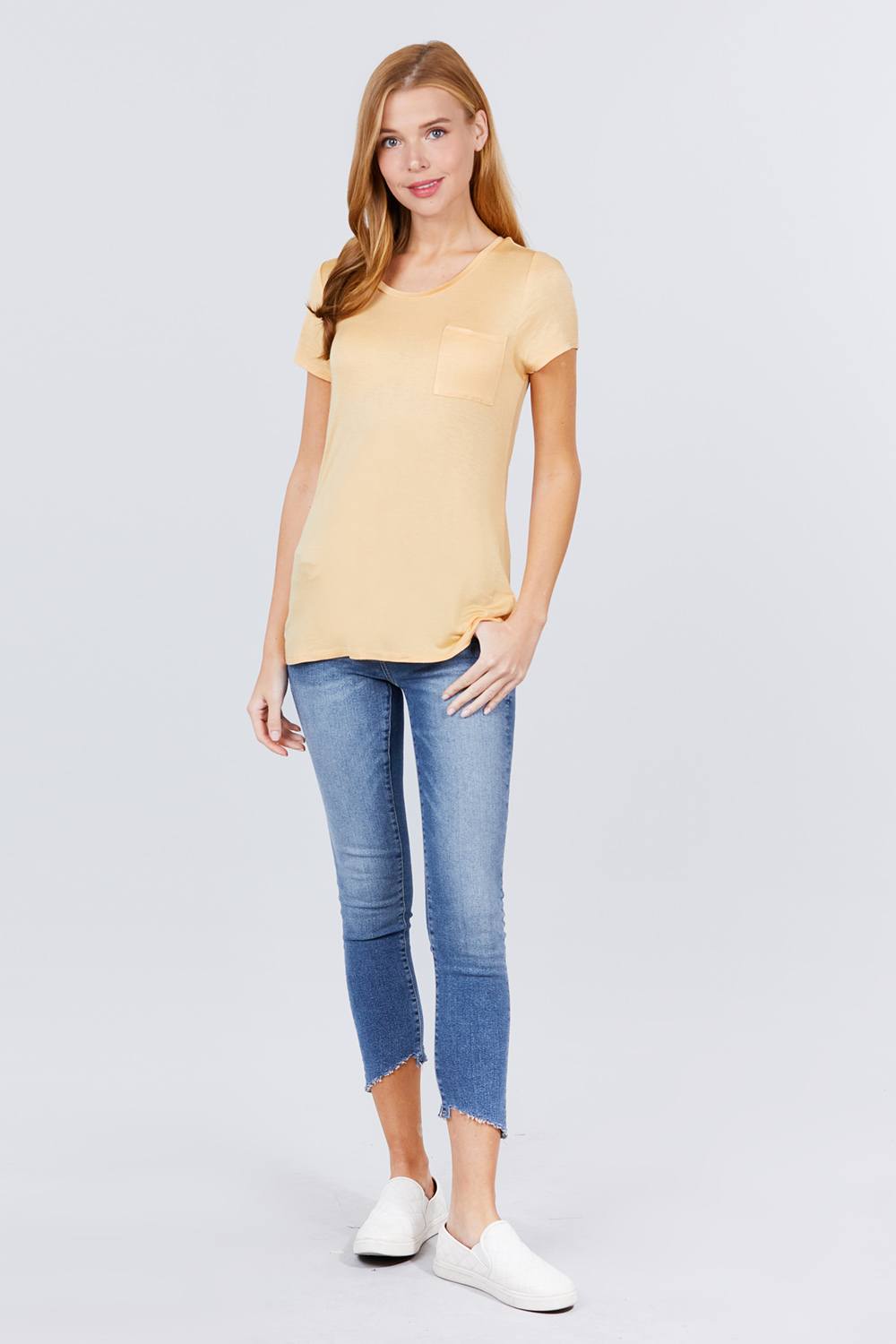 Short Sleeve Scoop Neck Top With Pocket - LOLA LUXE