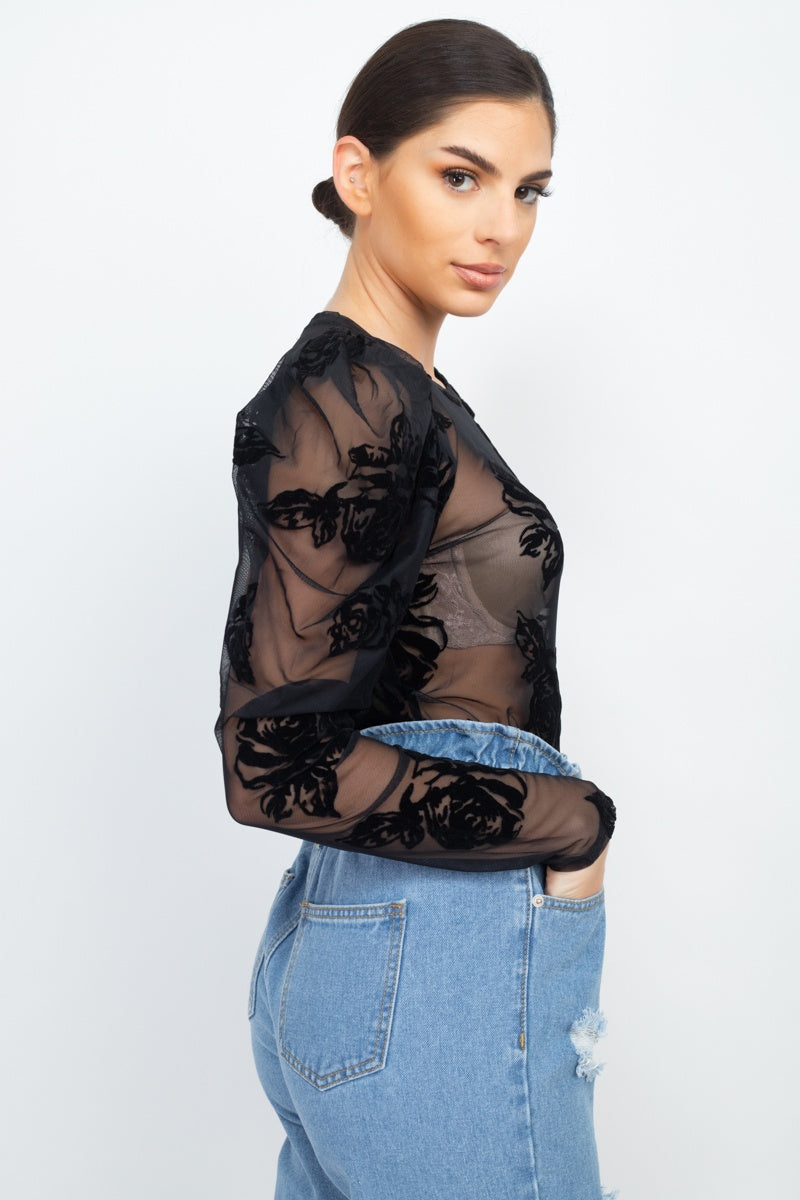 Floral-embroidered Long Puff Sleeves Top - LOLA LUXE