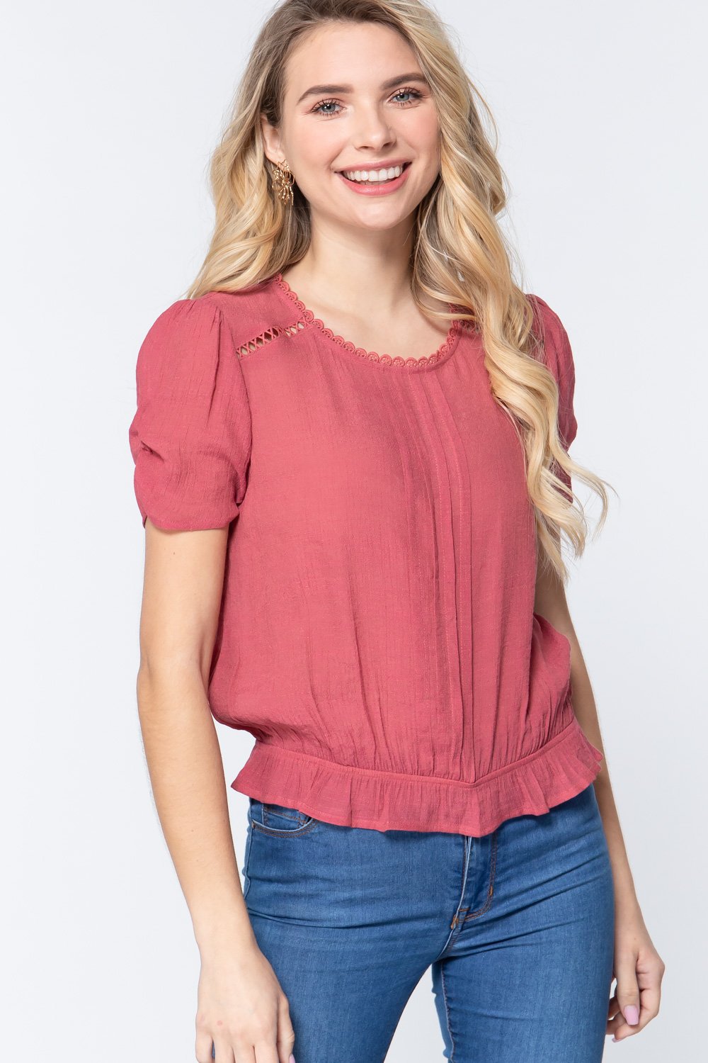 Short Shirring Slv Pleated Woven Top - LOLA LUXE