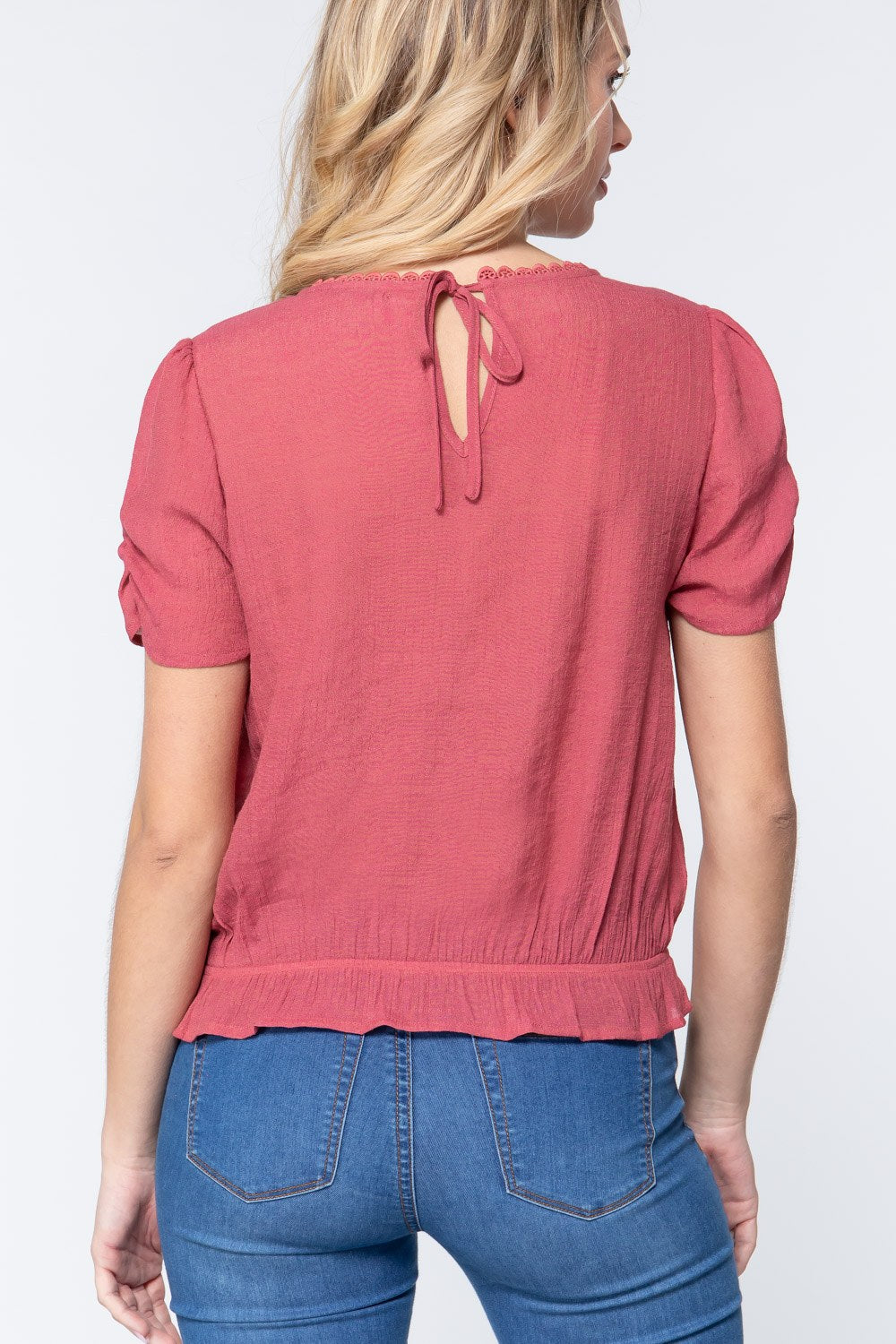 Short Shirring Slv Pleated Woven Top - LOLA LUXE