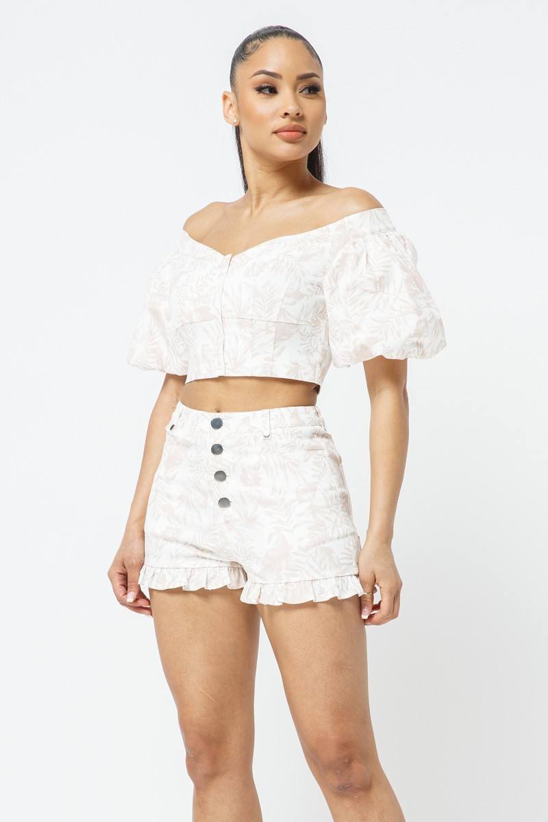 Cotton Off-shoulder Puff Sleeve Crop Top With Front Zipped Matching Shorts Set - LOLA LUXE