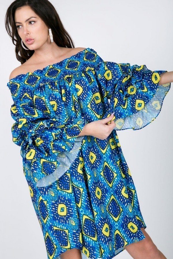 Puffy Ruffle Sleeve Smocking Off Shoulder Print Midi Dress - LOLA LUXE