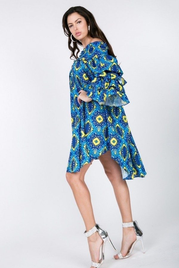 Puffy Ruffle Sleeve Smocking Off Shoulder Print Midi Dress - LOLA LUXE