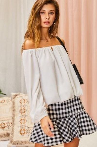 Off Shoulder Long Bubble Sleeve Solid Top - LOLA LUXE