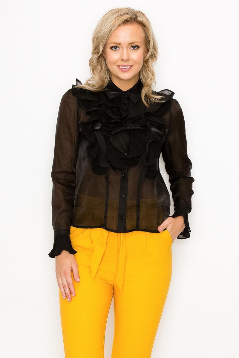 Ruffle Trim Long Sleeve Blouse - LOLA LUXE