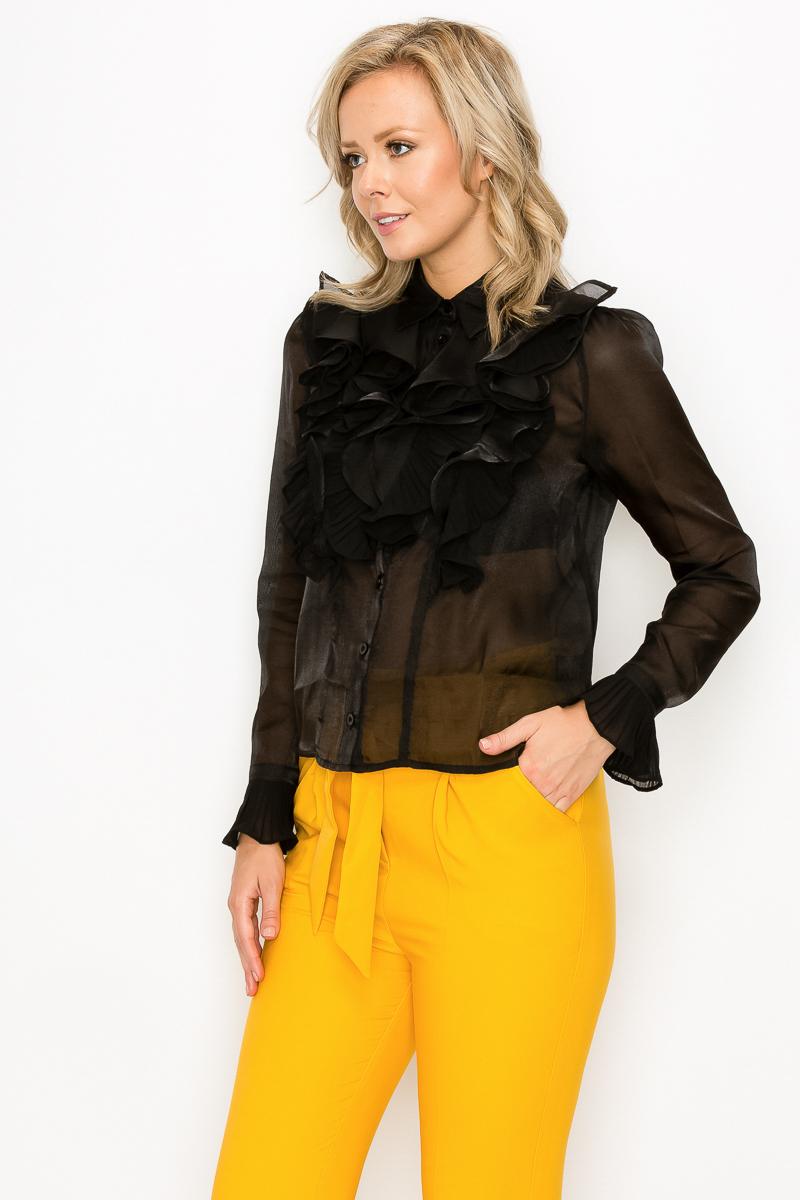 Ruffle Trim Long Sleeve Blouse - LOLA LUXE