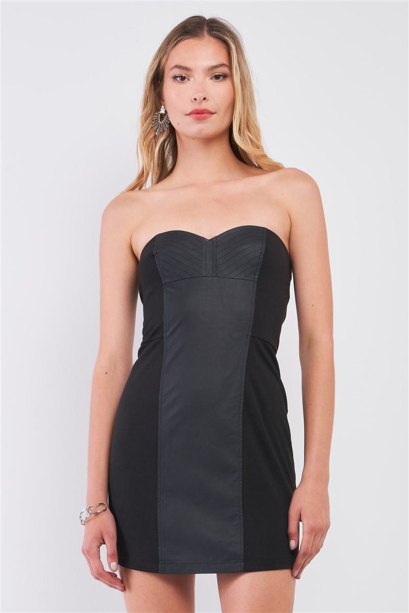 Black Sleeveless Strapless Faux Leather Insert Trim Sweetheart Neck Bodycon Mini Dres - LOLA LUXE