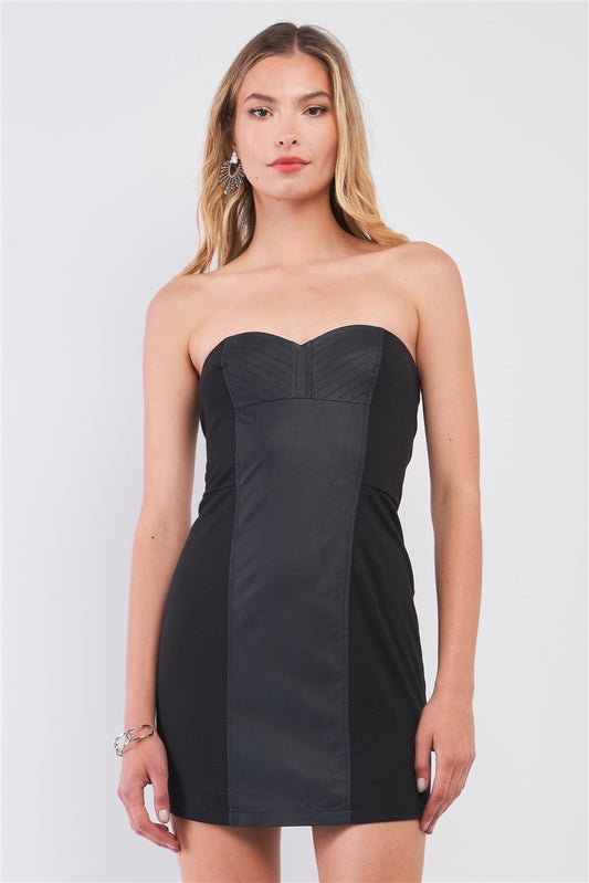 Black Sleeveless Strapless Faux Leather Insert Trim Sweetheart Neck Bodycon Mini Dres - LOLA LUXE