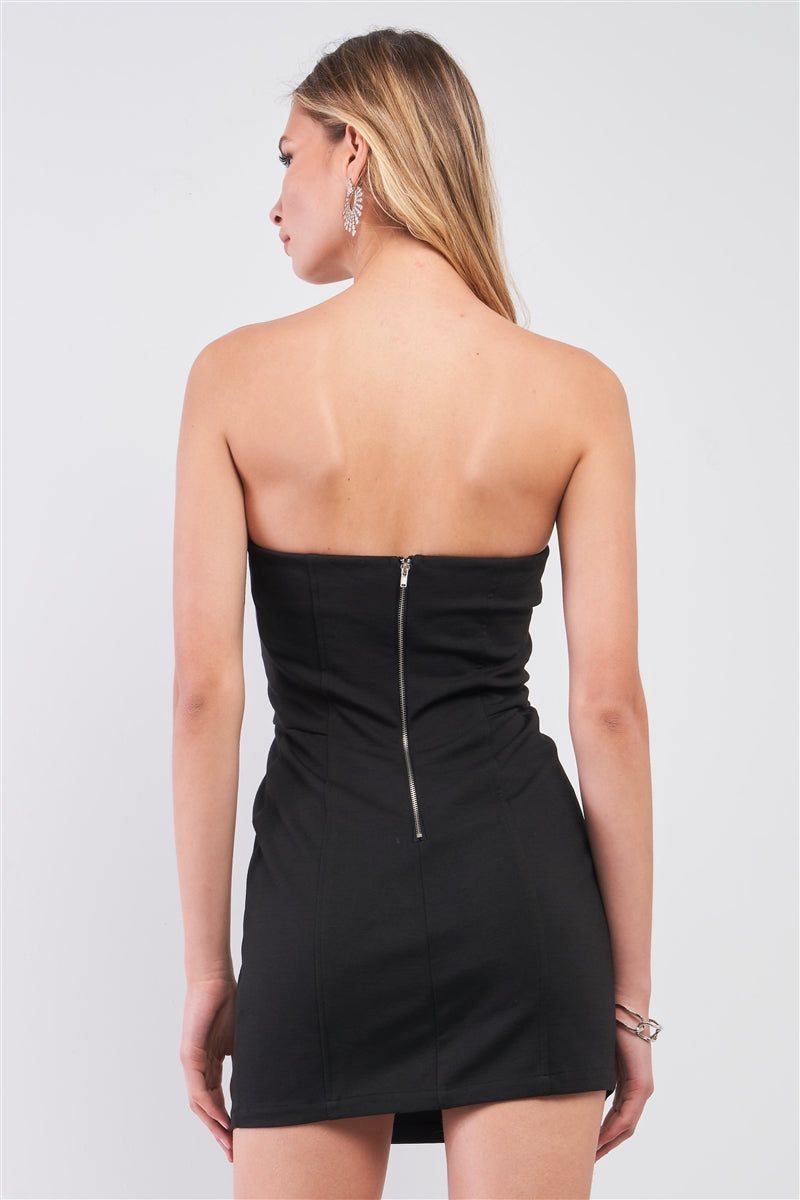 Black Sleeveless Strapless Faux Leather Insert Trim Sweetheart Neck Bodycon Mini Dres - LOLA LUXE