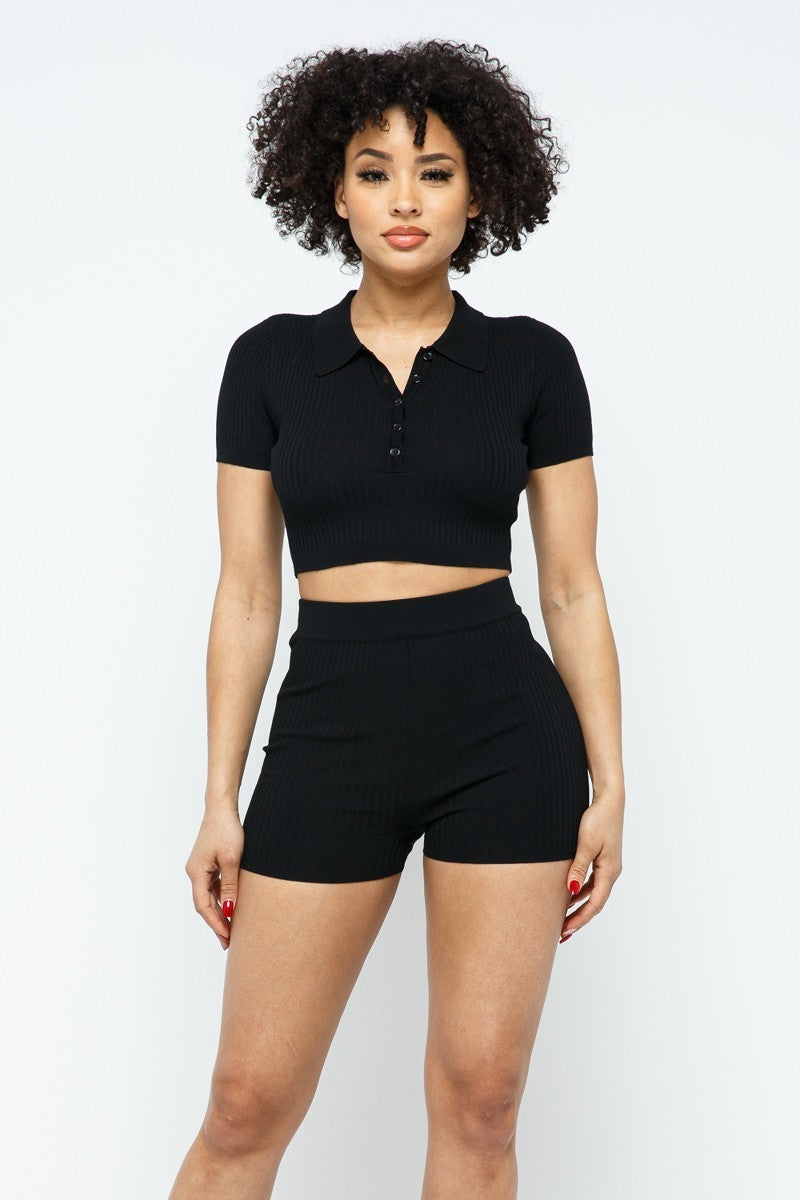 Collar Crop Top + Shorts Set - LOLA LUXE