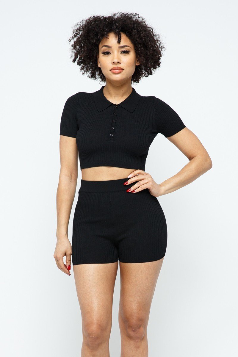 Collar Crop Top + Shorts Set - LOLA LUXE