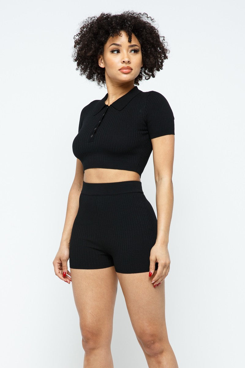 Collar Crop Top + Shorts Set - LOLA LUXE