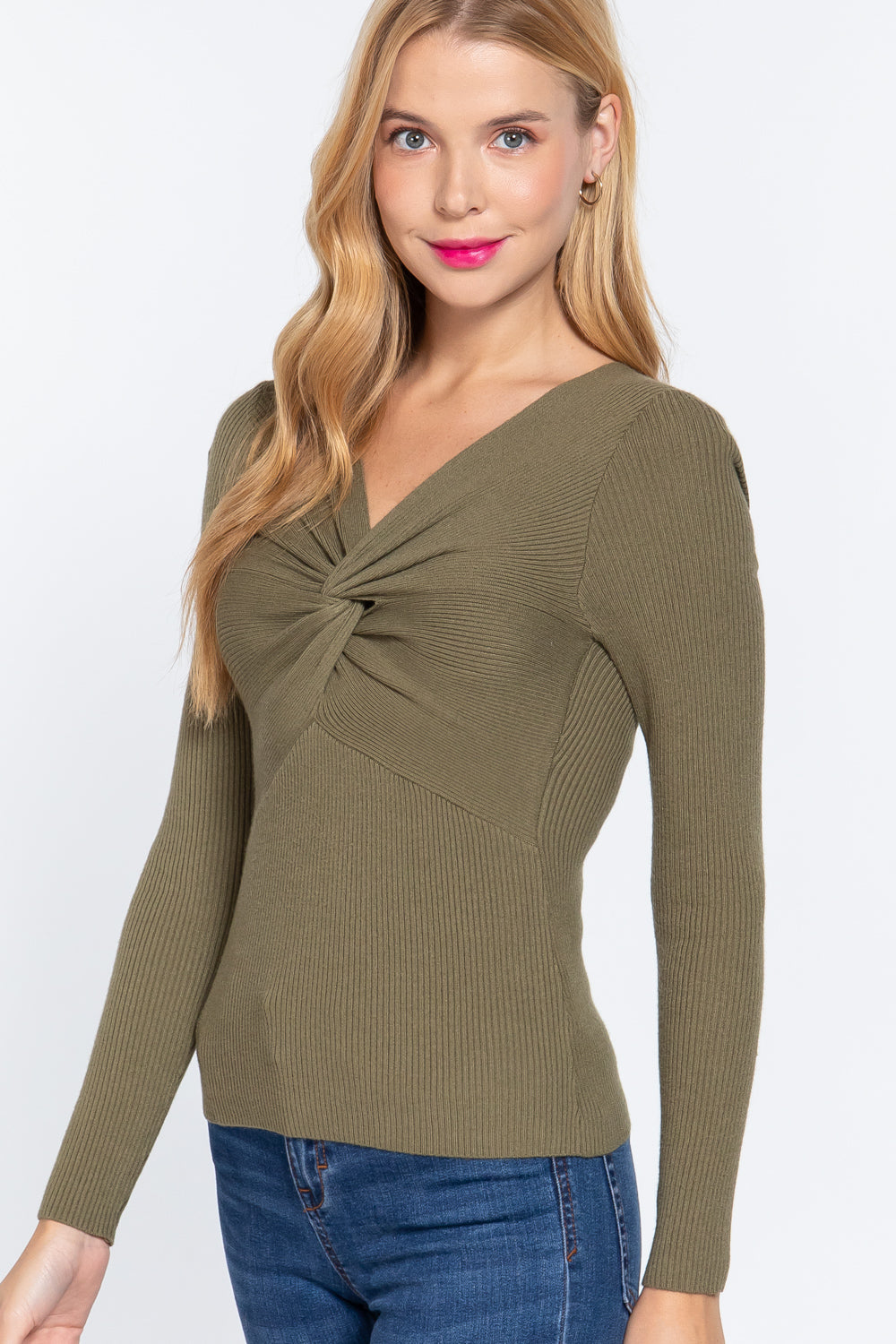 Long Slv V-neck Knotted Sweater - LOLA LUXE