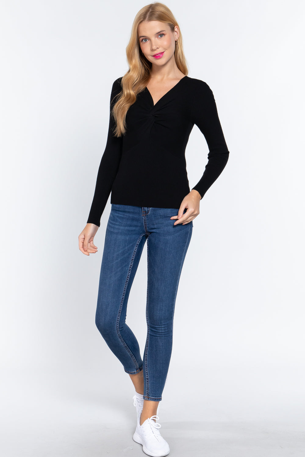 Long Slv V-neck Knotted Sweater - LOLA LUXE