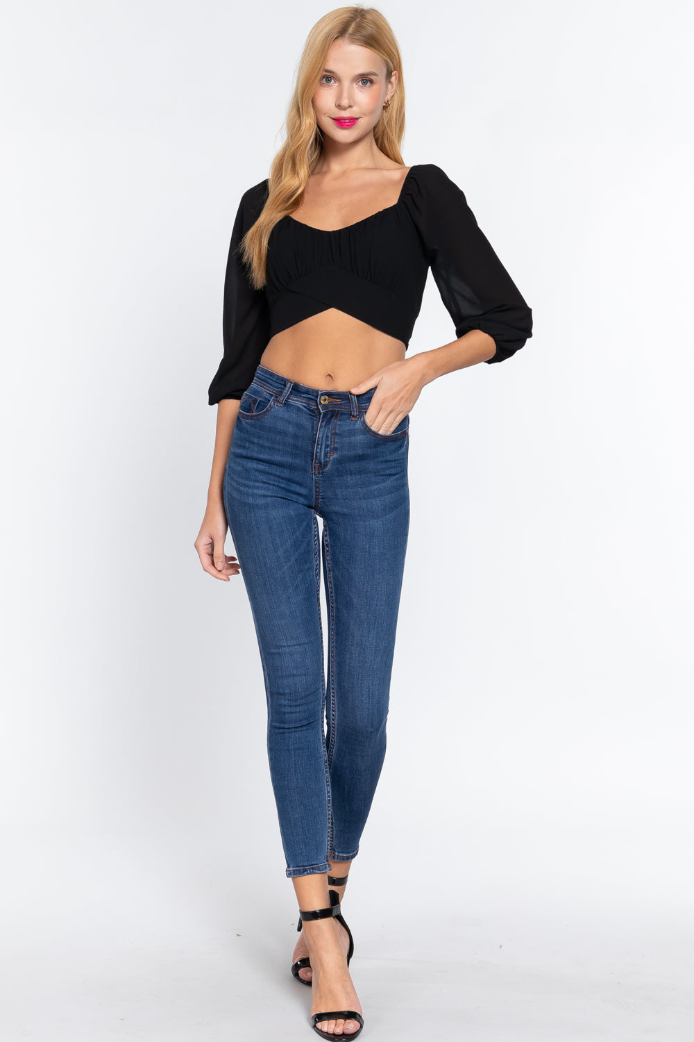 3/4 Slv Crop Woven Top - LOLA LUXE