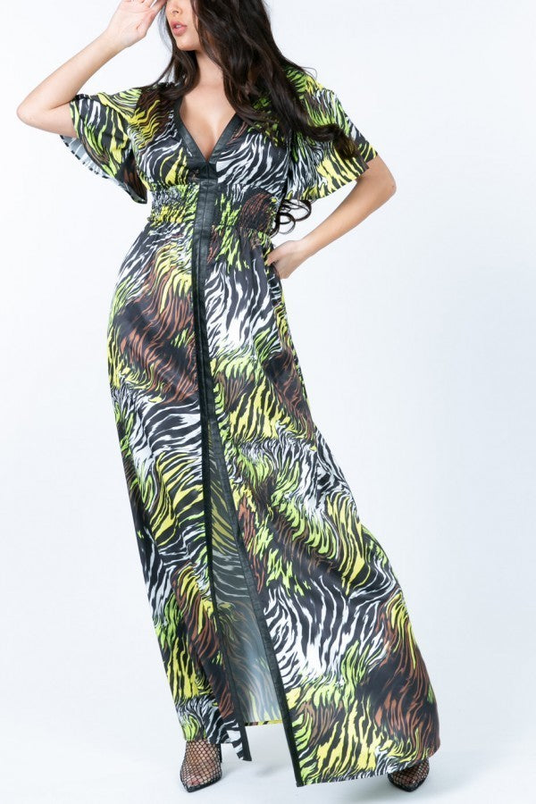 Deep V Neck Slit Zebra Print Long Dress - LOLA LUXE