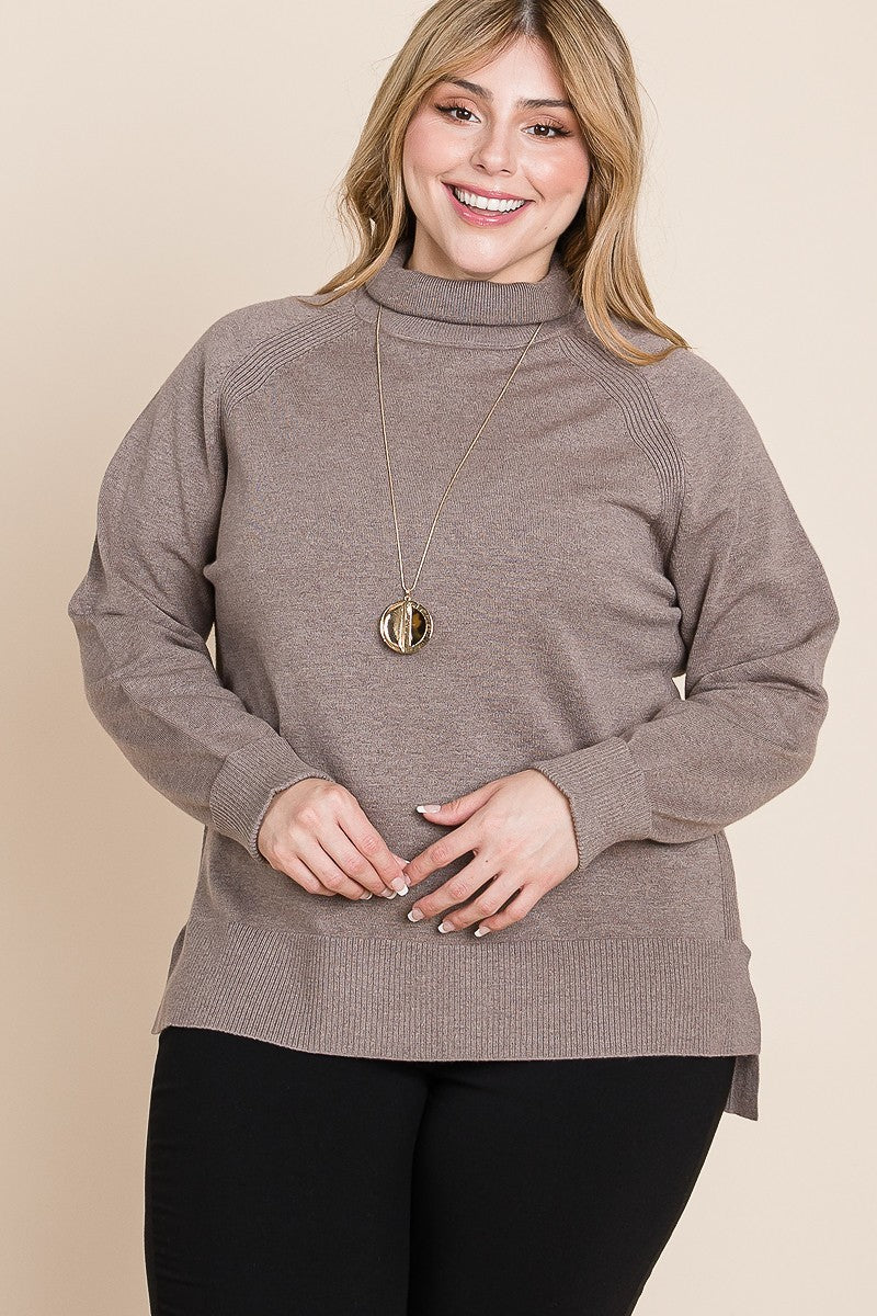 Plus Size High Quality Buttery Soft Solid Knit Turtleneck Two Tone High Low Hem Sweater - LOLA LUXE