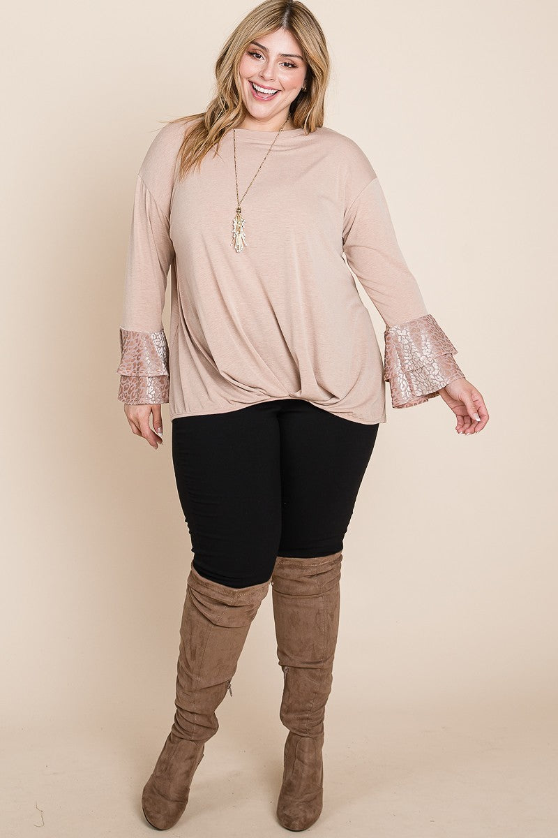 Plus Size Two Tier Velvet Animal Mesh Sleeves Solid Knit Top - LOLA LUXE