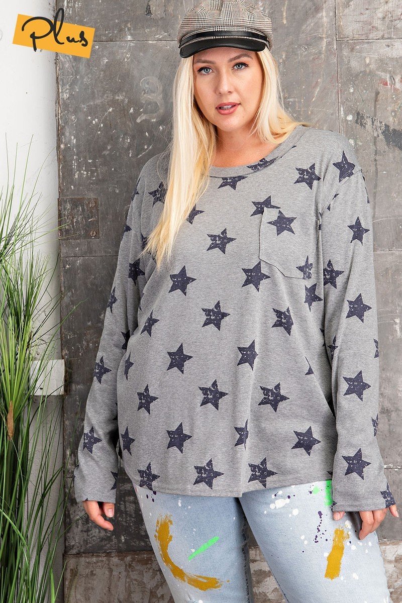 Plus Size Star Printed Poly Rayon Loose Fit Top - LOLA LUXE