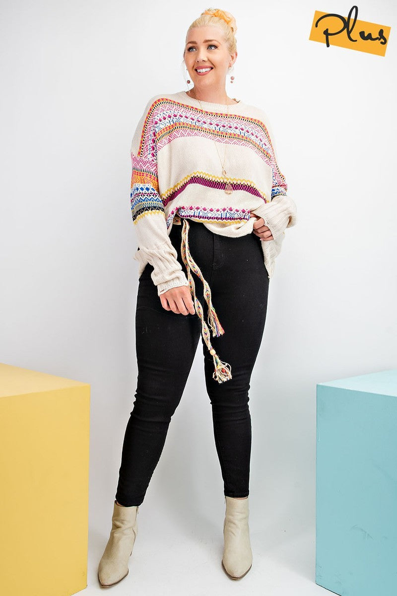 Plus Size Boho Patterned Knitted Sweater Pullover - LOLA LUXE