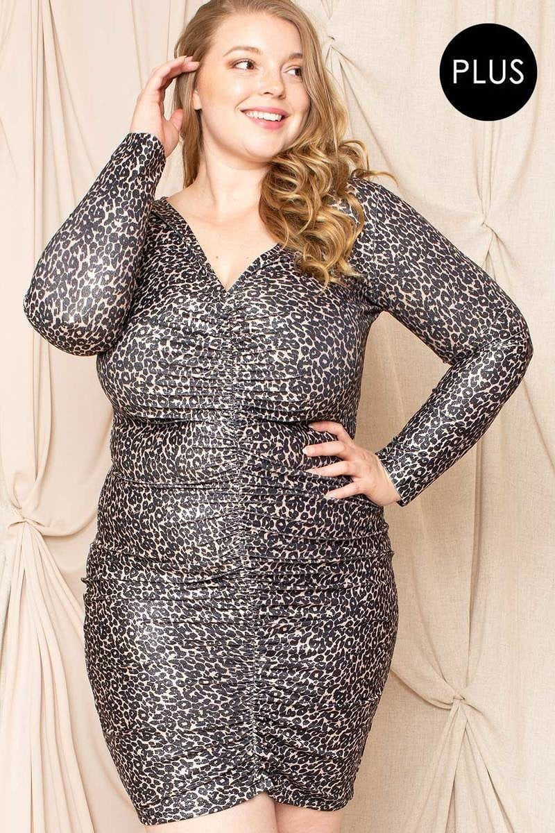 Leopard Print Shirring Plus Size Mini Dress - LOLA LUXE