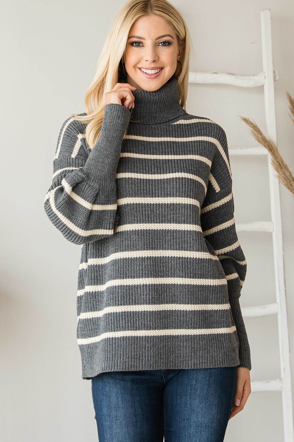 Heavy Knit Striped Turtle Neck Knit Sweater - LOLA LUXE