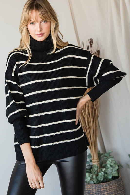 Heavy Knit Striped Turtle Neck Knit Sweater - LOLA LUXE