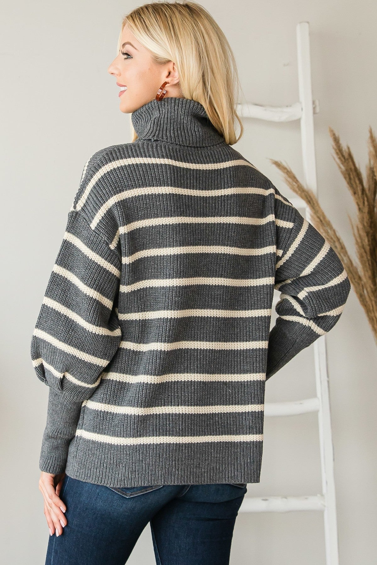 Heavy Knit Striped Turtle Neck Knit Sweater - LOLA LUXE