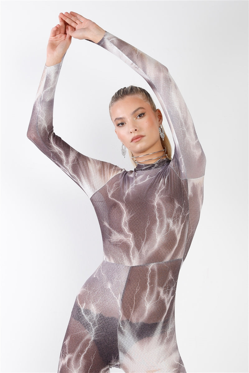 Purple-grey Lightning Print Mock Neck Long Sleeve With Finger Loop Fitted Catsuit /jumpsuit - LOLA LUXE