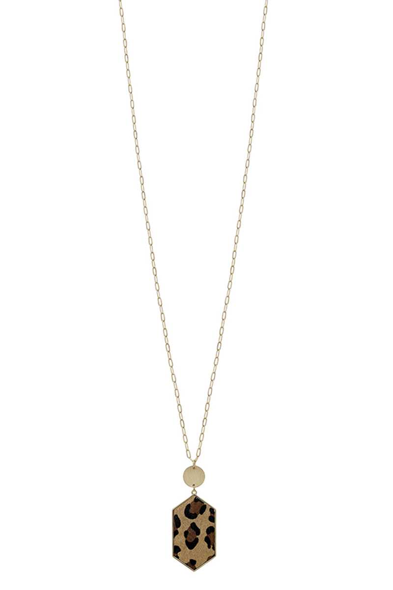 Metal Chain Hexagon Leopard Pendant Long Necklace - LOLA LUXE