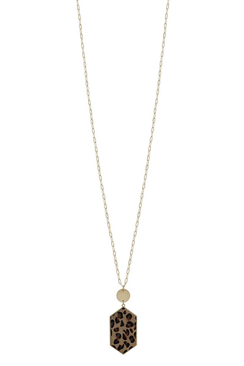 Metal Chain Hexagon Leopard Pendant Long Necklace - LOLA LUXE