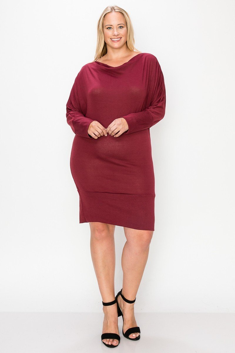 Draped Neck Long Sleeve Dress - LOLA LUXE