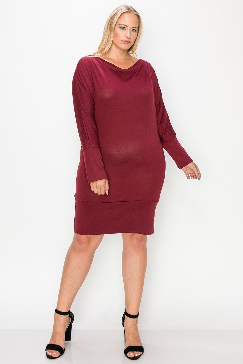 Draped Neck Long Sleeve Dress - LOLA LUXE