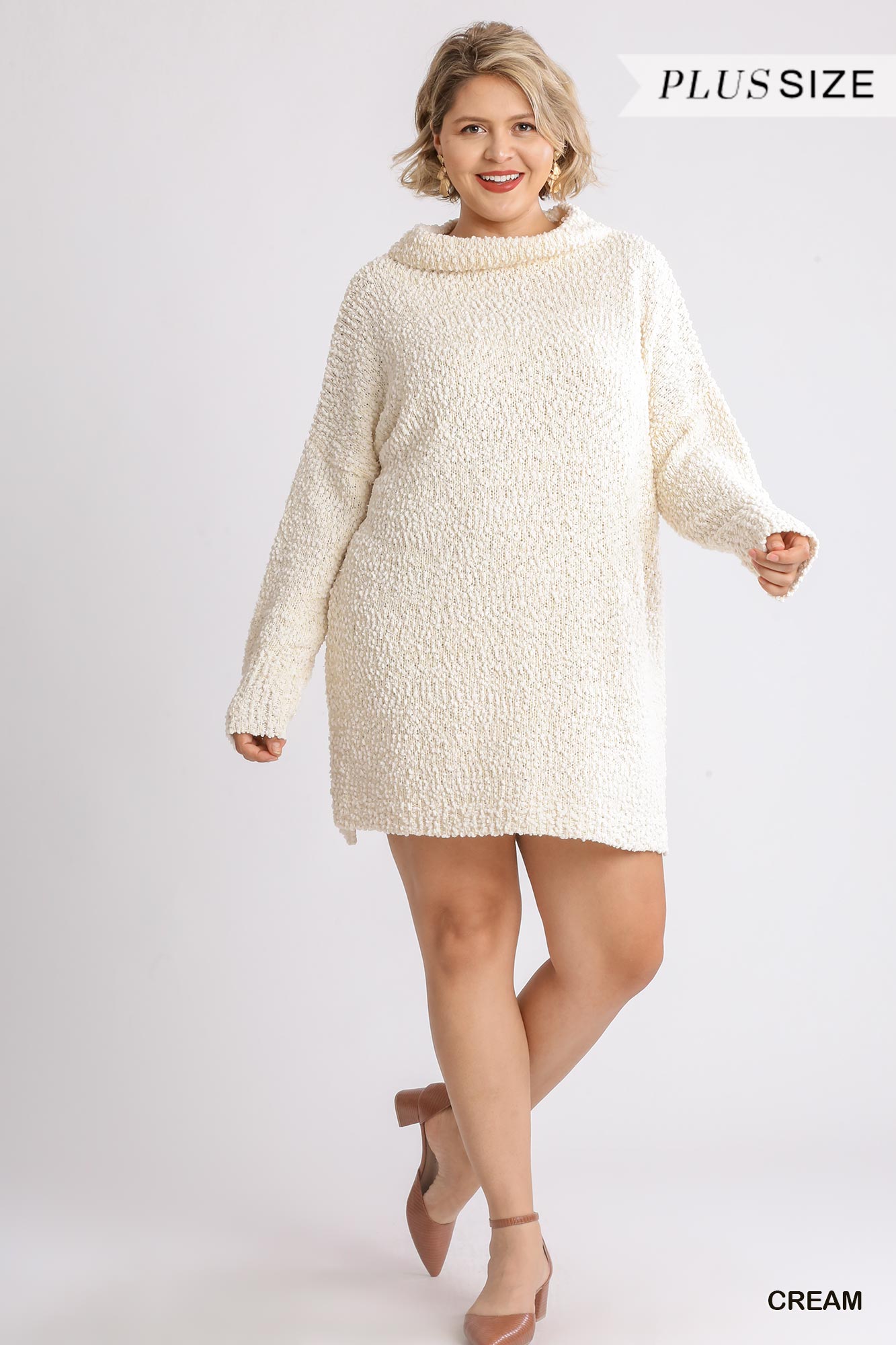 High Cowl Neck Bouclé Long Sleeve Sweater Dress - LOLA LUXE