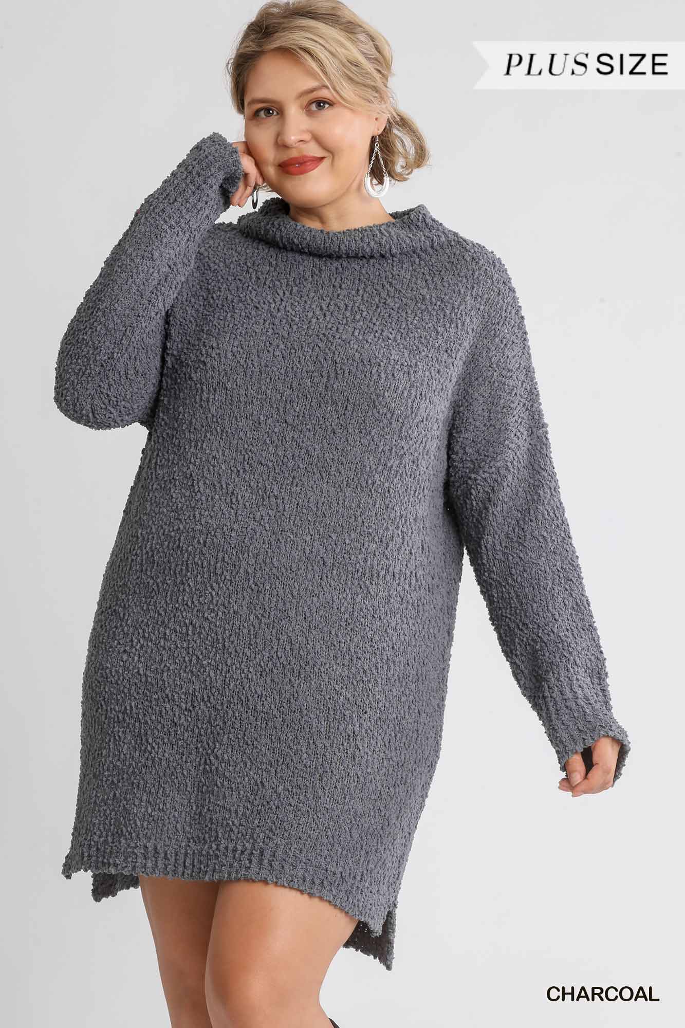 High Cowl Neck Bouclé Long Sleeve Sweater Dress - LOLA LUXE