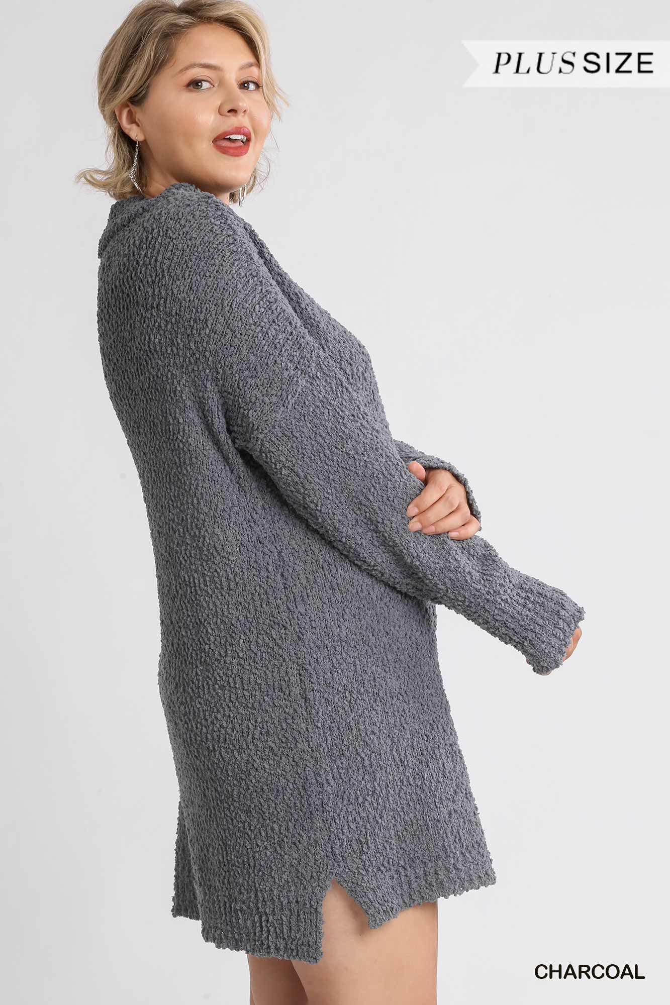 High Cowl Neck Bouclé Long Sleeve Sweater Dress - LOLA LUXE