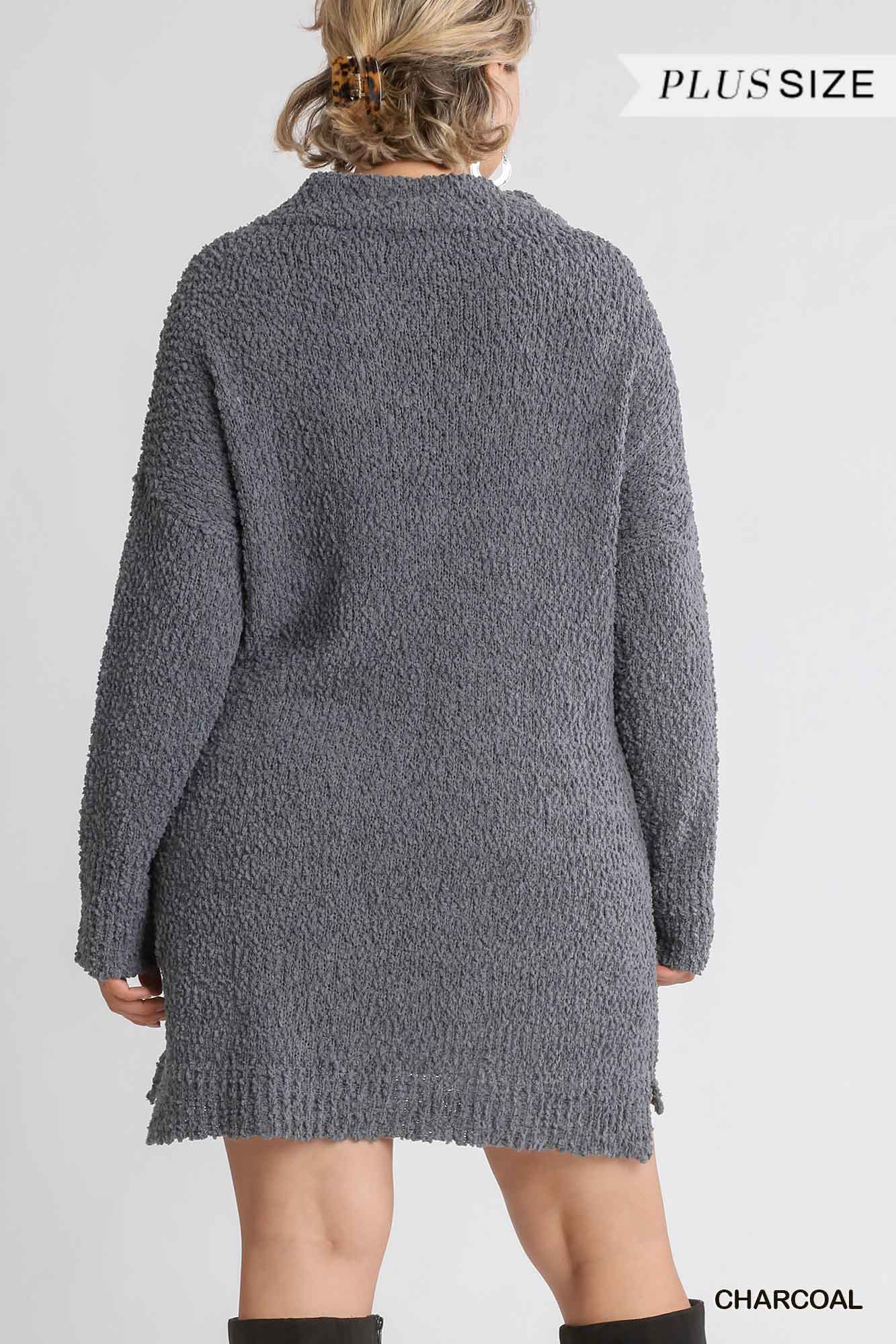 High Cowl Neck Bouclé Long Sleeve Sweater Dress - LOLA LUXE